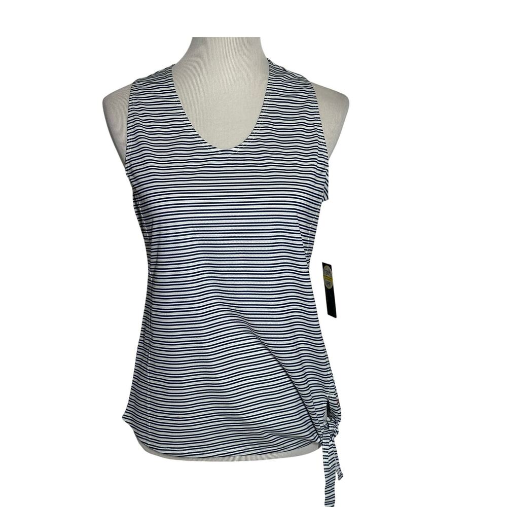 Cross Court Racer Back Tank Top Stripe Blue White with Tie at Hip Sz M NWT